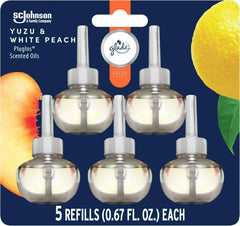 Glade PlugIns Refills Air Freshener, Scented and Essential Oils for Home and Bathroom, Yuzu & White Peach, Fresh Collection 3.35 Fl Oz, 5 Count