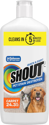 Shout Pet Stain Remover, Color-Safe Rug, Upholstery & Carpet Cleaner Solution for Dog & Cat Urine, Feces, Vomit & Mud, Fights Odors & Remarking, Fast-Acting Cleans in 5 Minutes or Less, 24.3oz