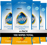 Pledge Multisurface Cleaning Wipes, pH Balanced, Fresh Citrus, 25 Count (Pack of 4, 100 Total Wipes)