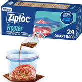 Ziploc Quart Food Storage Freezer Bags, Stand-Up Bottom, Easy to Fill, 24 Count