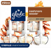 Glade PlugIns Refills Air Freshener, Scented and Essential Oils for Home and Bathroom, Cashmere Woods, 3.35 Fl Oz, 5 Count
