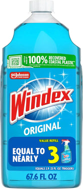 Windex refill glass and window cleaner, made from 100% recycled plastic, surface cleaning spray, original blue scent, 2L (67.6 fl oz)