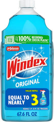 Windex refill glass and window cleaner, made from 100% recycled plastic, surface cleaning spray, original blue scent, 2L (67.6 fl oz)