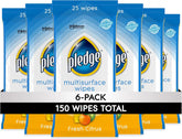 Pledge Multi-Surface Furniture Polish Wipes, Works on Wood, Granite, and Leather, Cleans and Protects, Fresh Citrus - Pack of 6 (150 Total Wipes)