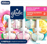 Glade PlugIns Refills Air Freshener, Exotic Tropical Blossoms & Coastal Sunshine Citrus, Scented and Essential Oils for Home and Bathroom, 0.67 Fl Oz, 5 Count