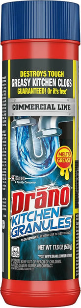 Drano Kitchen Granules Drain Clog Remover and Cleaner, Unclogs Blockage from Grease or Cooking Oil, Commercial Line, 17.6 Oz
