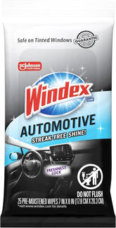 Windex Auto Wipes for Car Windows, Mirrors and Screens, Pre-Moistened Car Cleaner Wipes for Quick Streak-Free Shine, Guaranteed Safe-for Tinted Windows and Electronics, 25 count (Pack of 12)
