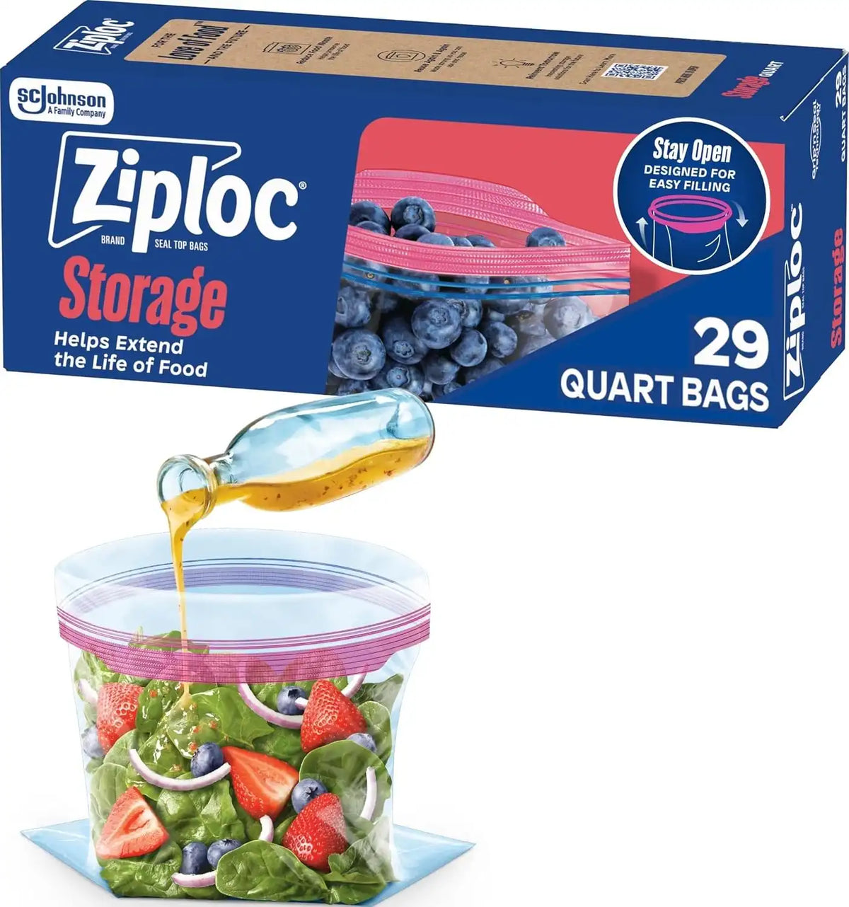 Ziploc Quart Food Storage Bags, Stand-Up Bottom, Easy to Fill, 29 Count