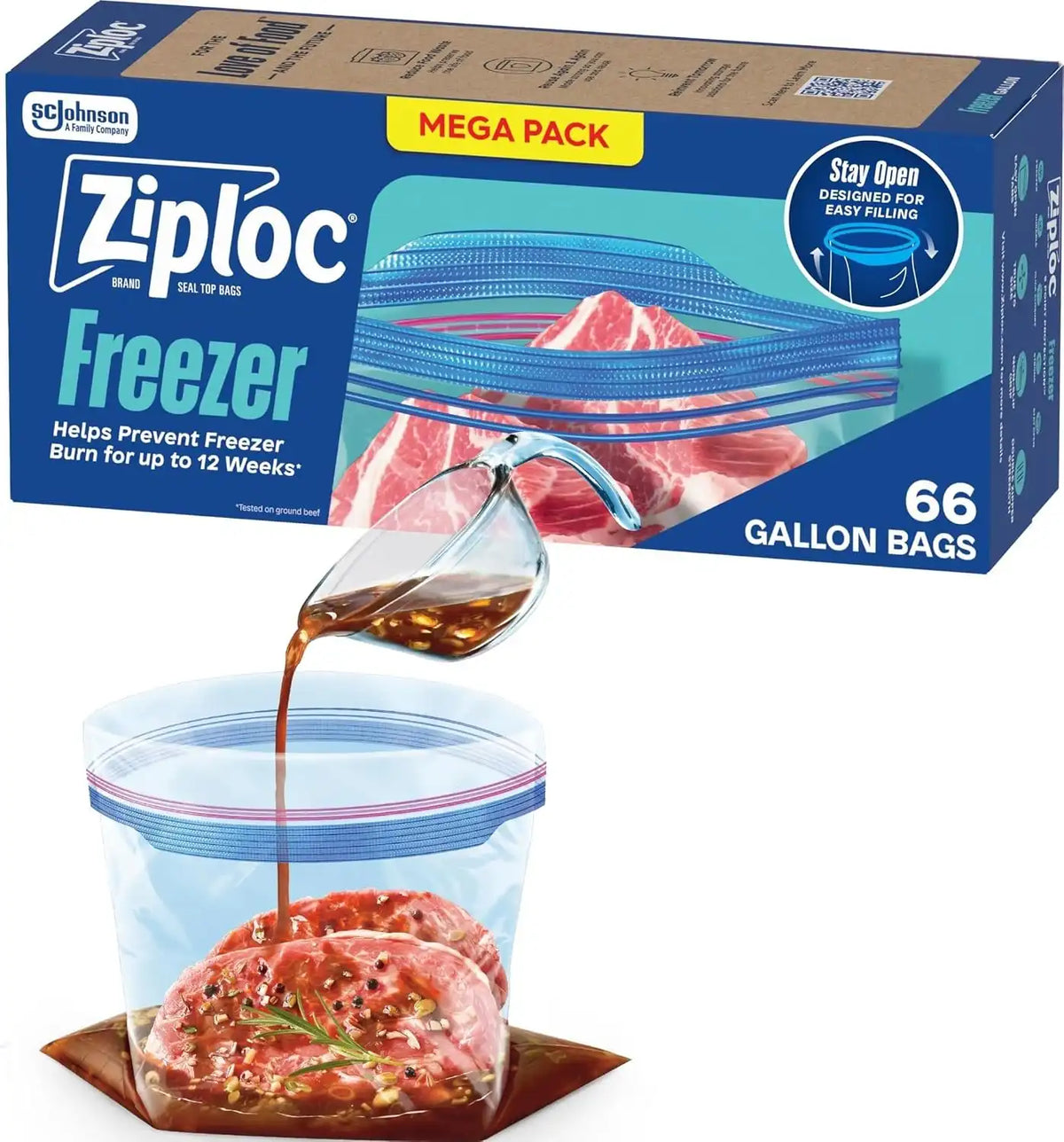 Ziploc Gallon Food Storage Freezer Bags, Stand-Up Bottom, Easy to Fill, 66 Count