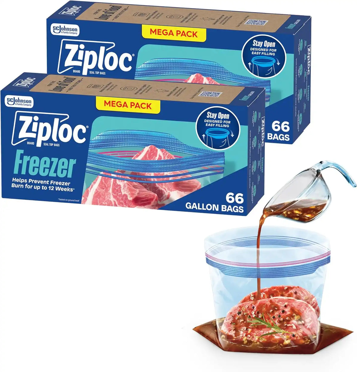 Ziploc Gallon Food Storage Freezer Bags, 132ct Total, Stand-Up Bottom, Easy to Fill, 66 Count, 2 Pack, 132 Total