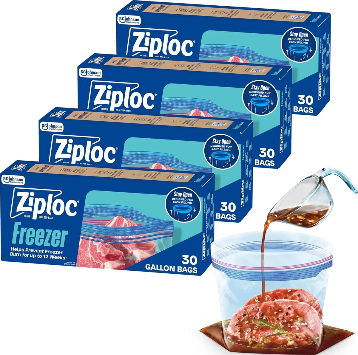 Ziploc Gallon Food Storage Freezer Bags, 120ct Total, Stand-Up Bottom, Easy to Fill, 30 Count, 4 Pack