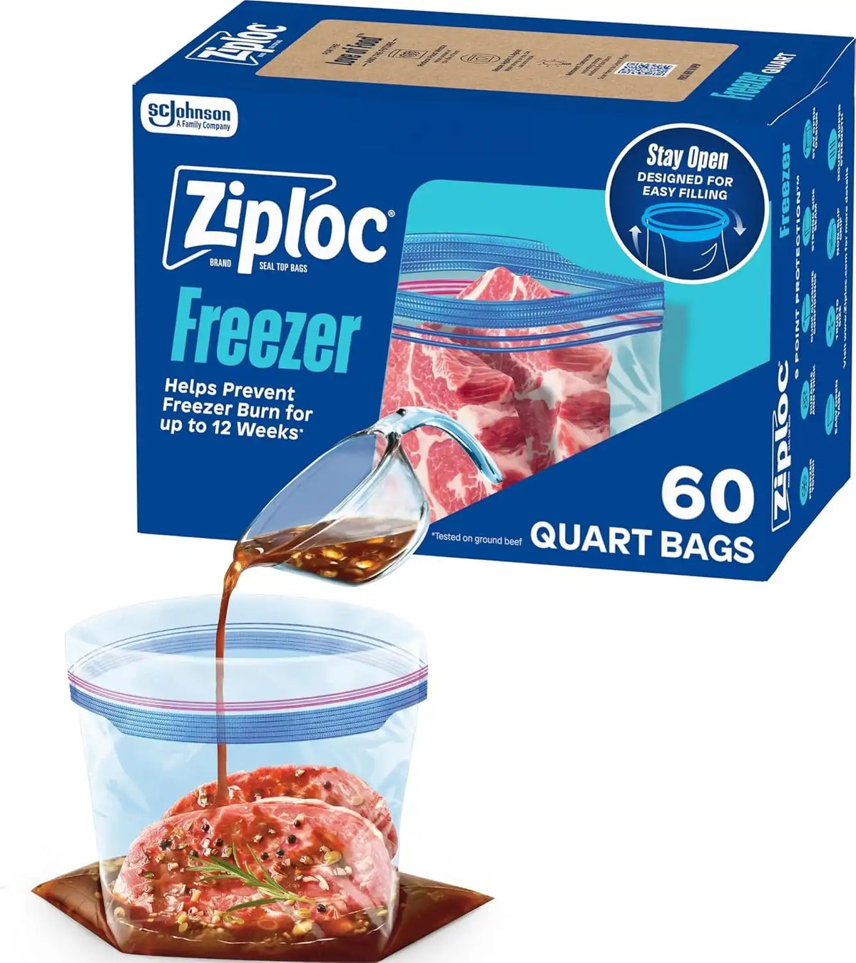 Ziploc Quart Food Storage Freezer Bags, Stand-Up Bottom, Easy to Fill, 60 Count