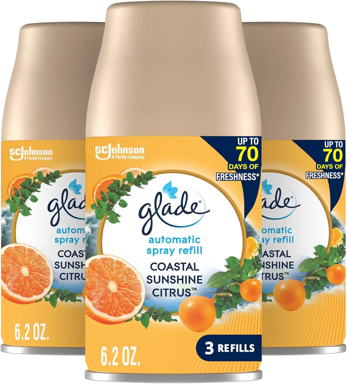 Glade Automatic Spray Refill, Air Freshener for Home and Bathroom, Coastal Sunshine Citrus, 6.2 Oz, 3 Count