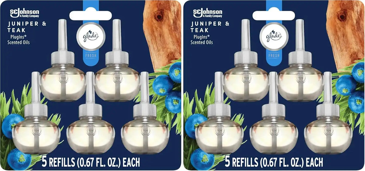 Glade PlugIns Refills Air Freshener, Scented and Essential Oils for Home and Bathroom, Juniper & Teak, Fresh Collection 3.35 Fl Oz,5 Count (Pack of 2)
