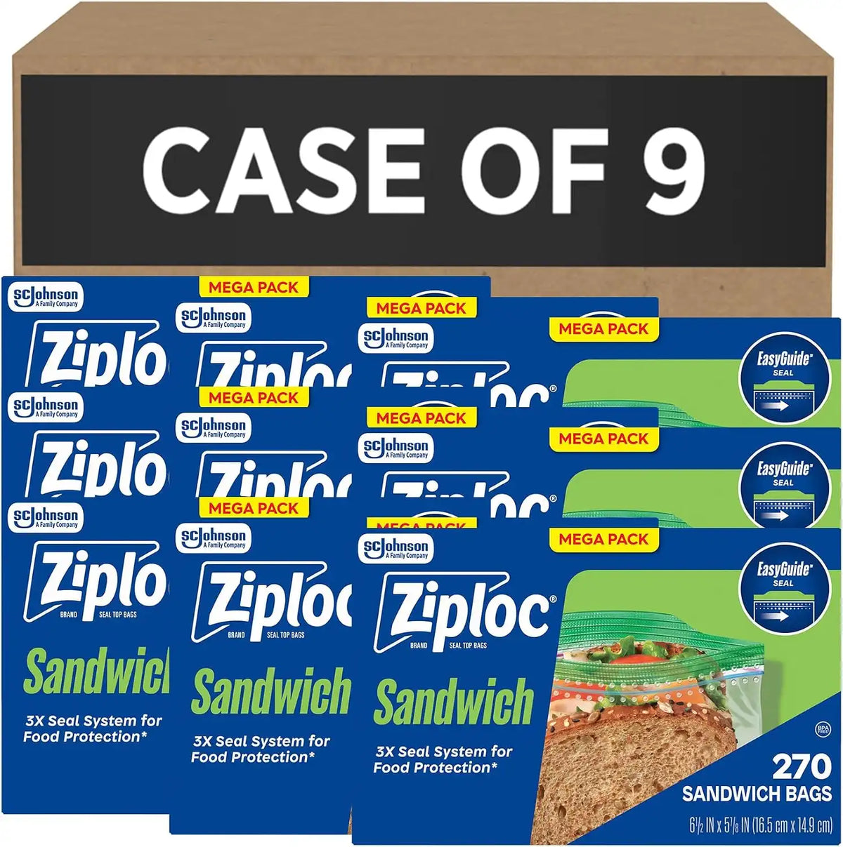 Ziploc Sandwich and Snack Bags, Easy Open and Close, Plastic Food Storage Bags, 270 Bags Total (Packaging May Vary), Pack of 9