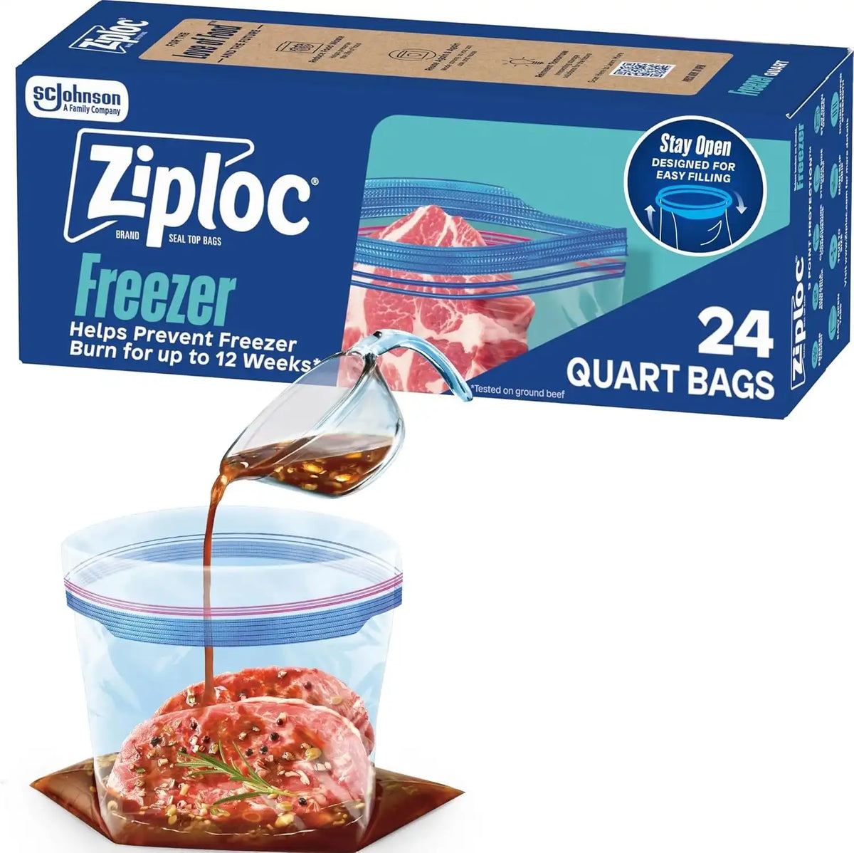 Ziploc Quart Food Storage Freezer Bags, Stand-Up Bottom, Easy to Fill, 24 Count