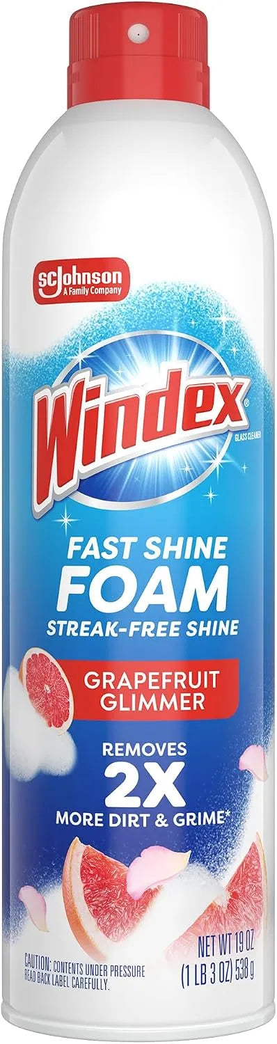 Windex Fast Shine Foam Glass Cleaner Supplies, No-Drip Window & Mirror Aerosol Spray, Streak-Free, Removes Fingerprints, Dust, Dirt & Smoke Film, Grapefruit Scent, 19 oz