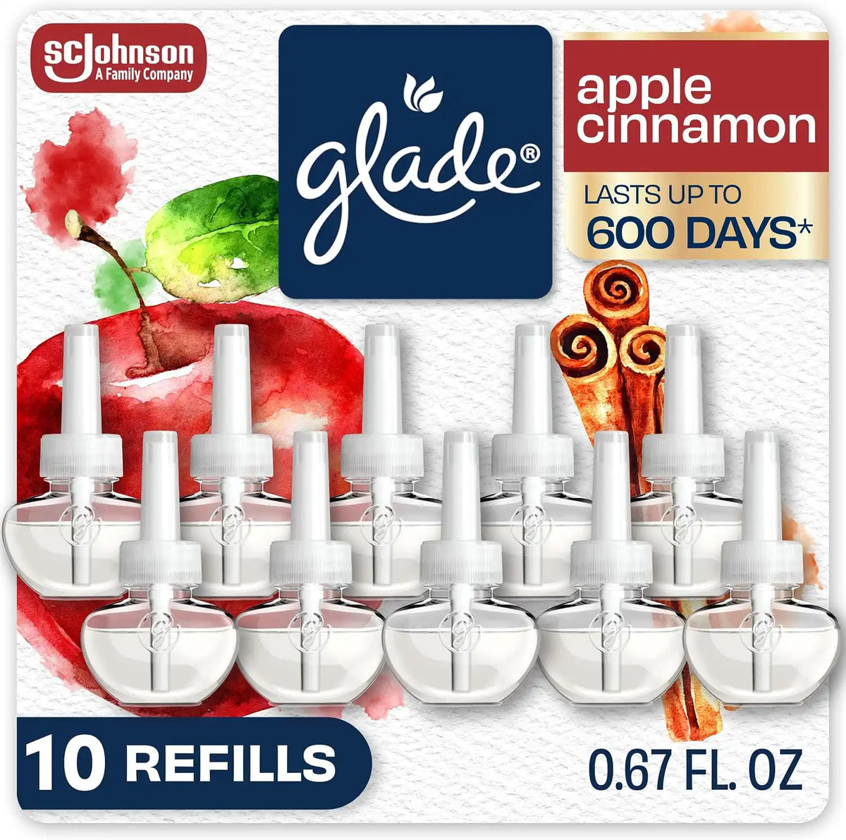 Glade PlugIns Refills Air Freshener, Scented and Essential Oils for Home and Bathroom, Apple Cinnamon, 6.7 Fl Oz, 10 Count