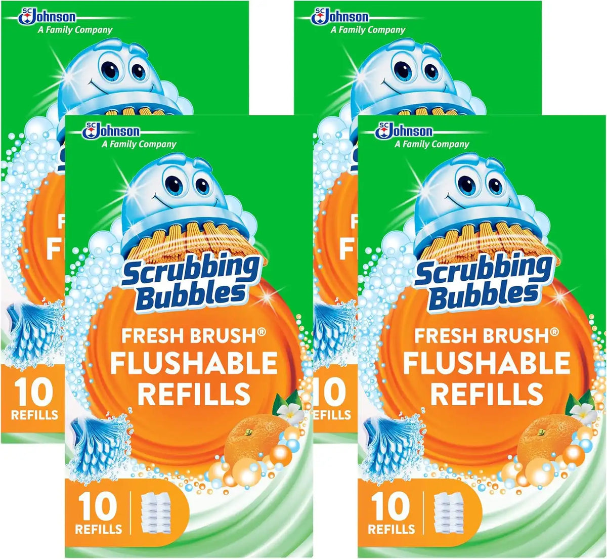 Scrubbing Bubbles Flushable Toilet Wand Refills, Fresh Brush Toilet Cleaner Refill Pads, Cleans Limescale & Fights Odors, Citrus Scent, 10 Count, Pack of 4