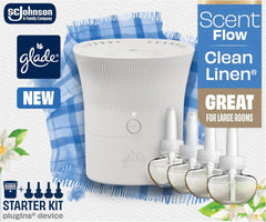 Glade Scent Flow PlugIns Air Freshener, Clean Linen, 1 Device + 4 Refills, 2.61 fl oz