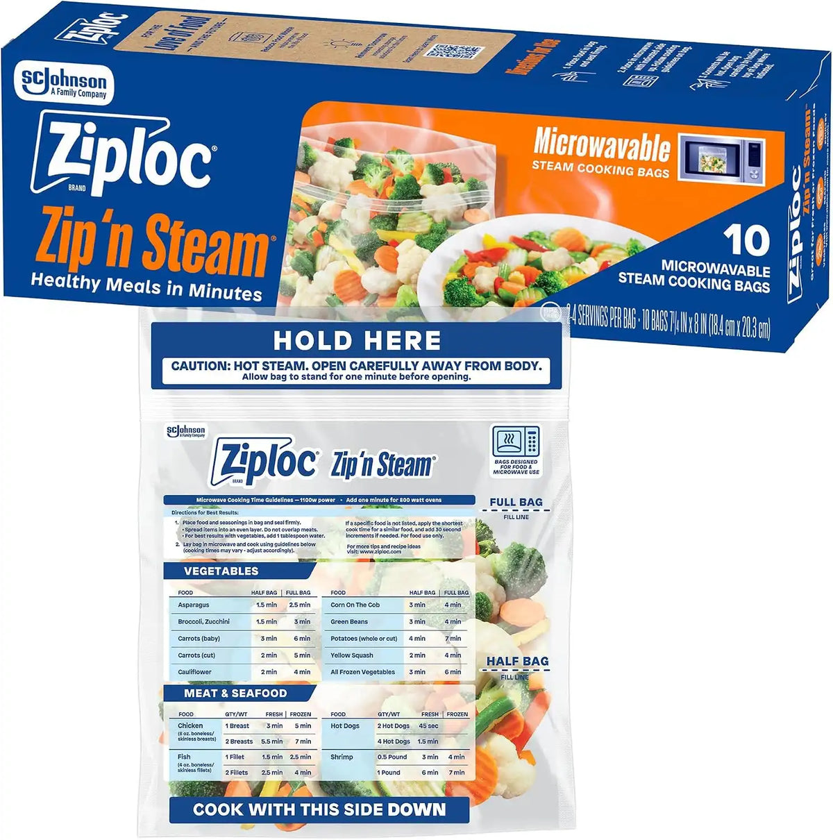 Ziploc Zip 'n Steam Food Storage Cartons for Meal Prep, Healthy Meals in Minutes, Microwave Safe, 10 Count (Pack of 12)