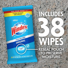 Windex Wipes Glass Cleaning, Pre-Moistened Glass and Surface Wipes to Clean Home Surfaces, Household Essentials, Original Scent, 38 Count (Pack of 6)