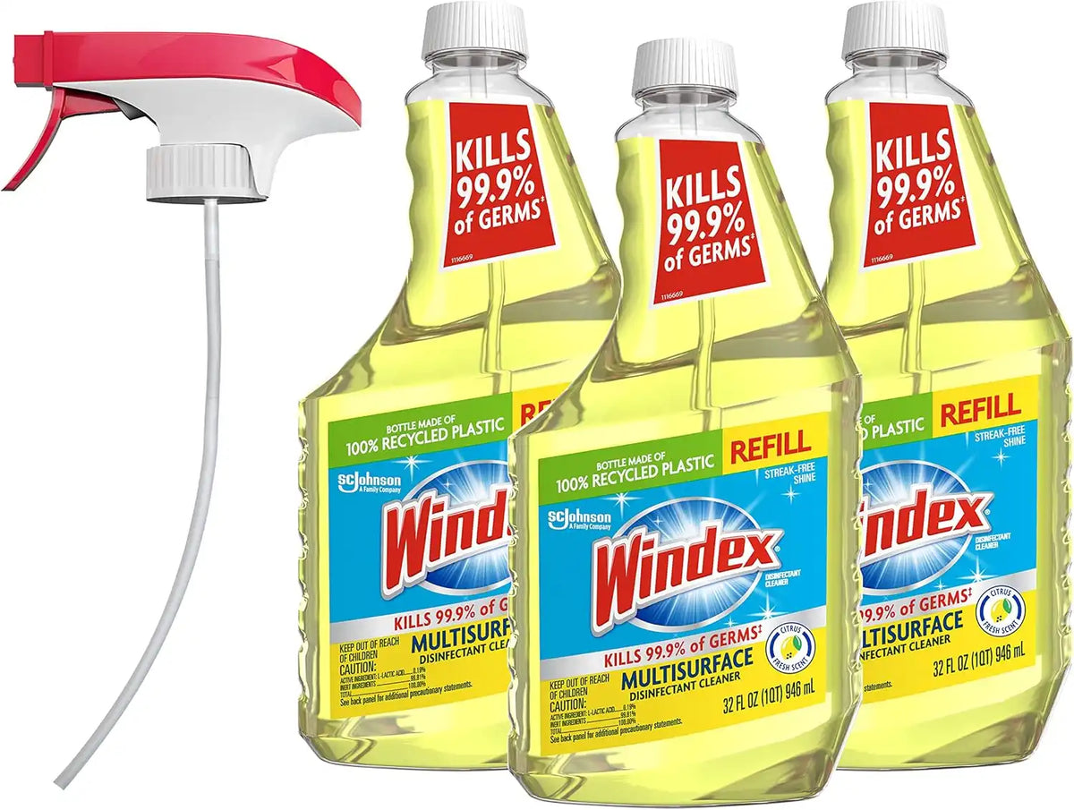 Windex Refill Multipurpose Disinfectant Cleaner Spray with Reusable Trigger, Bottle Made from 100% Recovered Coastal Plastic, Surface Cleaning Spray, Citrus Fresh Scent, 32 Fl Oz (Pack of 3)