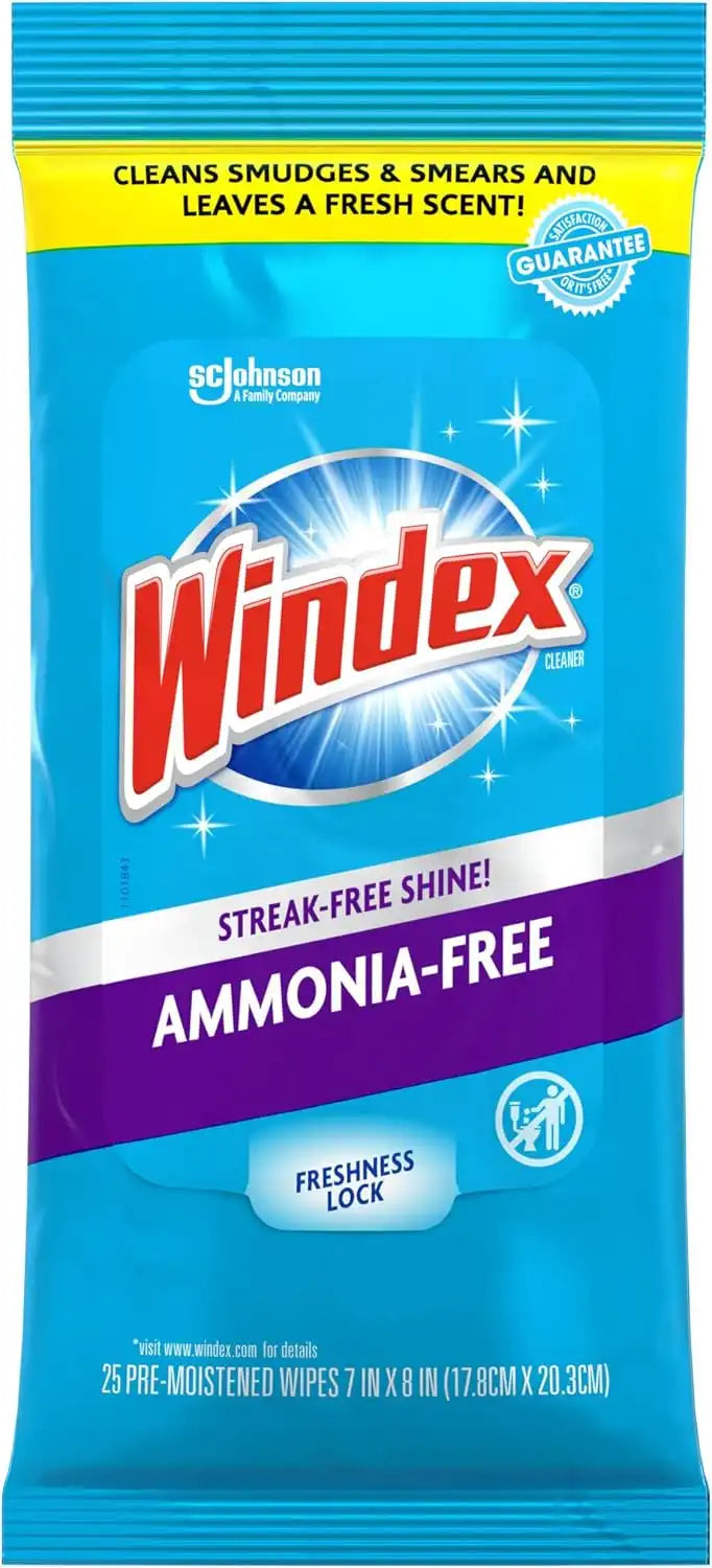 Windex Wipes Glass Cleaning Ammonia Free, Pre-Moistened Wipes for Cleaning All Glass Surfaces, Crystal Rain Fresh Scent, 25 Count