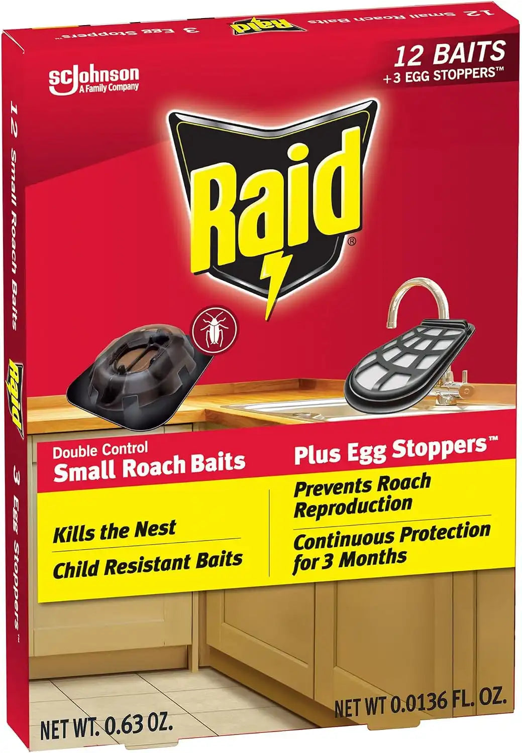 Raid Double Control Small Roach Baits, Plus Egg Stoppers, Child Resistant, For Indoor Use, Kills Roaches for 3 Months, 12 Count