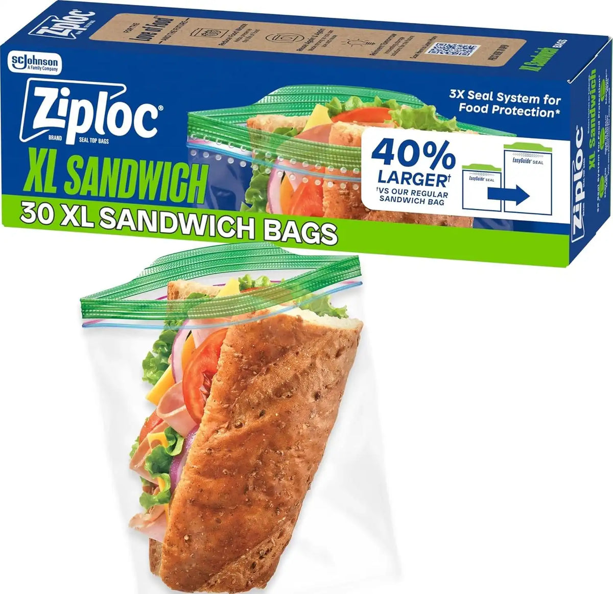 Ziploc XL Sandwich and Snack Bags, Easy Open and Close, Plastic Food Storage Bags, 30 Bags Total