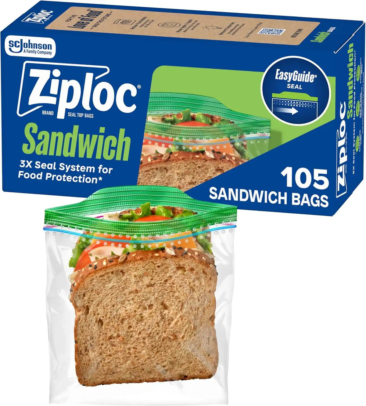 Ziploc Sandwich and Snack Bags, Easy Open and Close, Plastic Food Storage Bags, 105 Bags Total