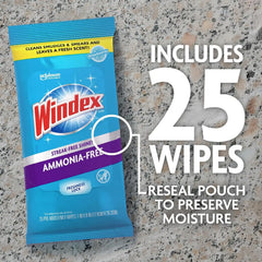 Windex Wipes Glass Cleaning Ammonia Free, Pre-Moistened Wipes for Cleaning All Glass Surfaces, Crystal Rain Fresh Scent, 25 Count