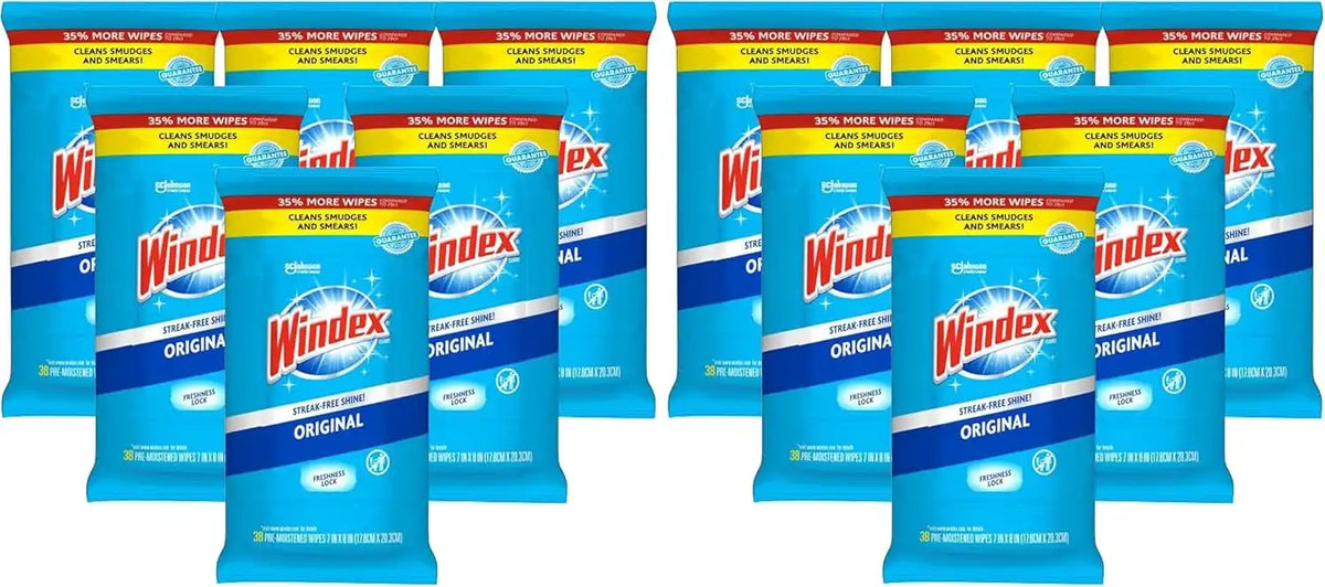 Windex Wipes Glass Cleaning, Pre-Moistened Glass and Surface Wipes to Clean Home Surfaces, Household Essentials, Original Scent, 38 Count (Pack of 12)
