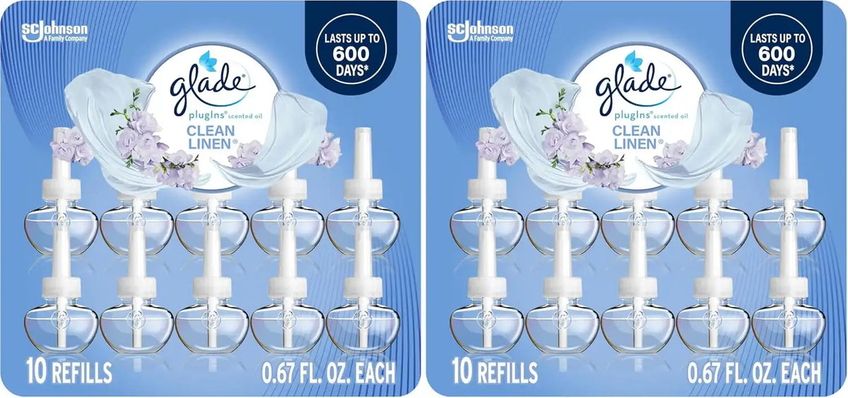 Glade PlugIns Refills Air Freshener, Scented and Essential Oils for Home and Bathroom, Clean Linen, 6.7 Fl Oz, 10 Count (Packaging May Vary) (Pack of 2)