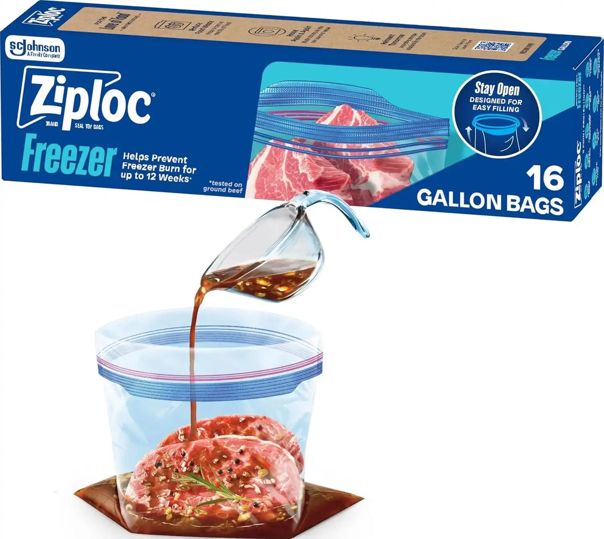 Ziploc Gallon Food Storage Freezer Bags, Stand-Up Bottom, Easy to Fill, 16 Count