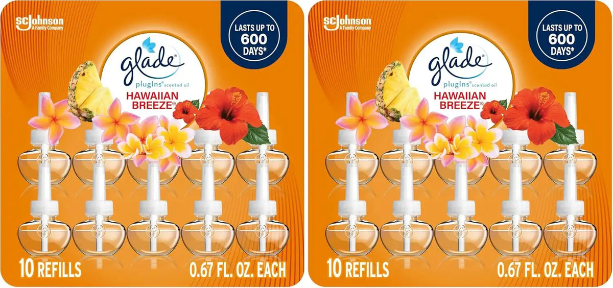 Glade PlugIns Refills Air Freshener, Scented and Essential Oils for Home and Bathroom, Hawaiian Breeze, 6.7 Fl Oz, 10 Count (Packaging May Vary) (Pack of 2)