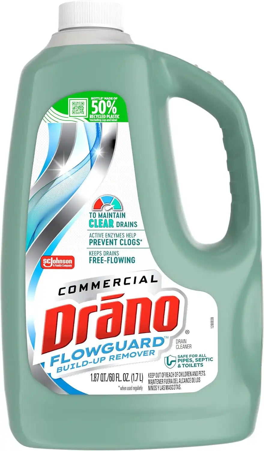 Drano Max FlowGuard Build-Up Remover, Probiotic Enzyme Drain Cleaner, 60 oz | Probiotic enzyme formula helps prevent clogs and remove odors and buildup; safe for pipes, septic systems, sinks and toilets