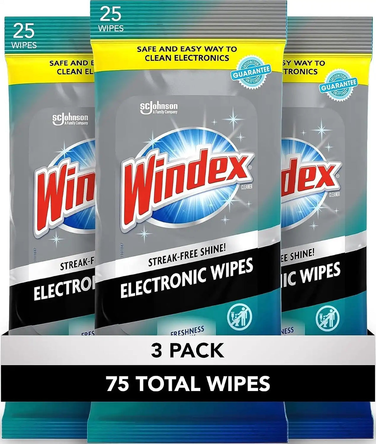 Windex Electronics Screen Wipes for Computers, Phones, Televisions and More, 25 Count - Pack of 3 (75 Total Wipes)