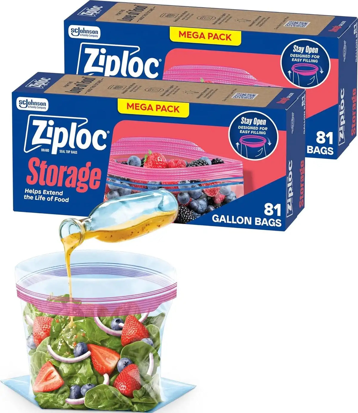 Ziploc Gallon Food Storage Bags, Stand-Up Bottom, Easy to Fill, 162 Count