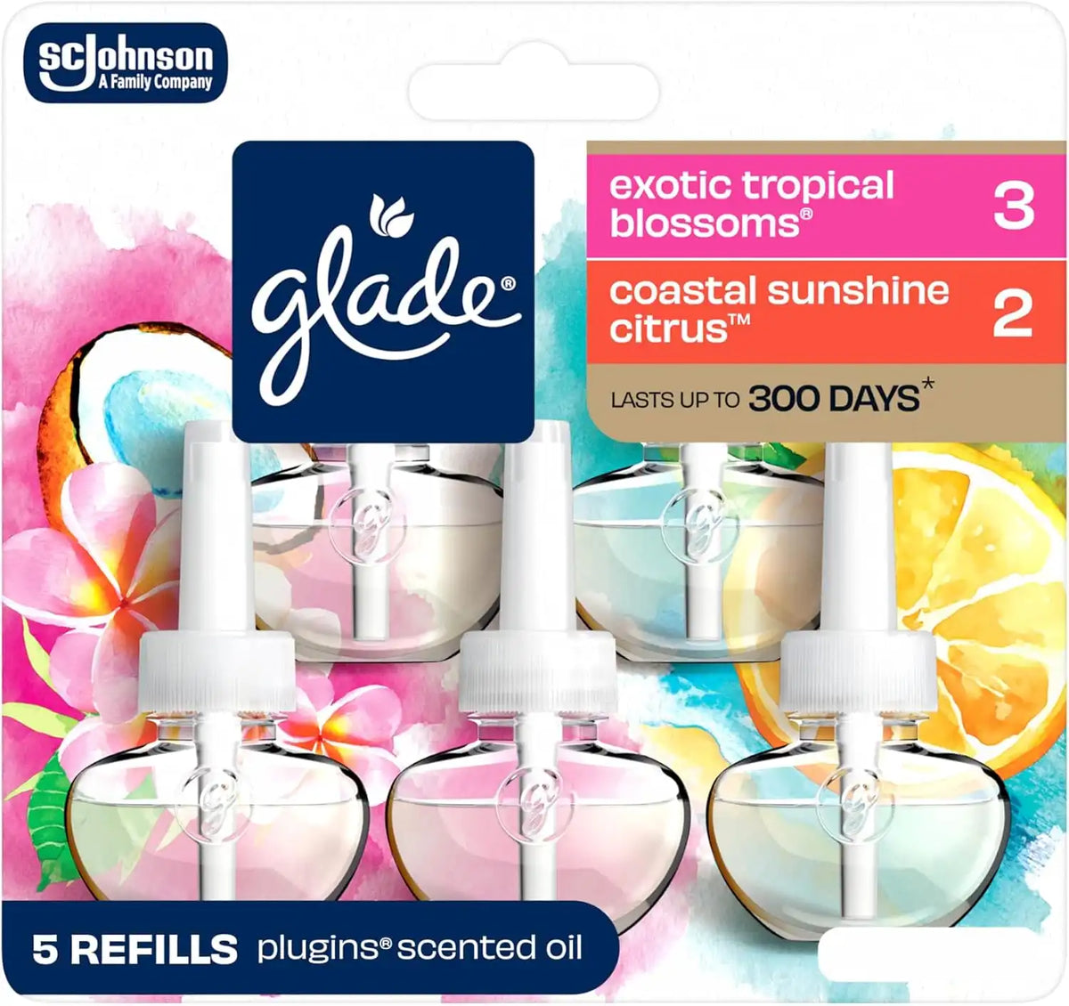 Glade PlugIns Refills Air Freshener, Exotic Tropical Blossoms & Coastal Sunshine Citrus, Scented and Essential Oils for Home and Bathroom, 0.67 Fl Oz, 5 Count