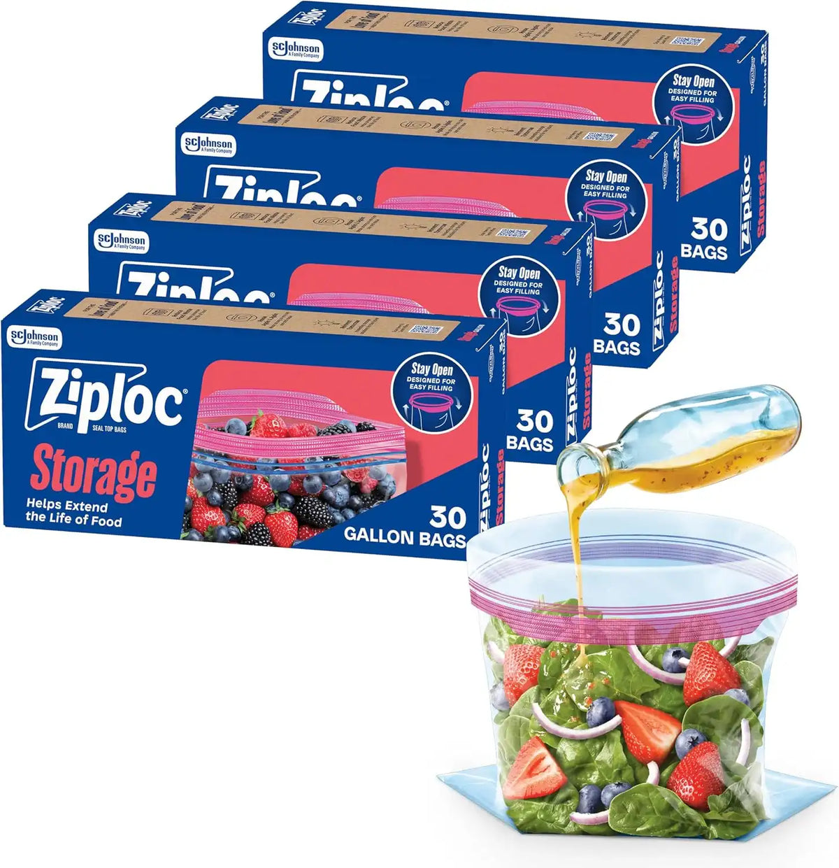 Ziploc Gallon Food Storage Bags, 120ct Total, Stand-Up Bottom, Easy to Fill, 30 Count (Pack of 4)