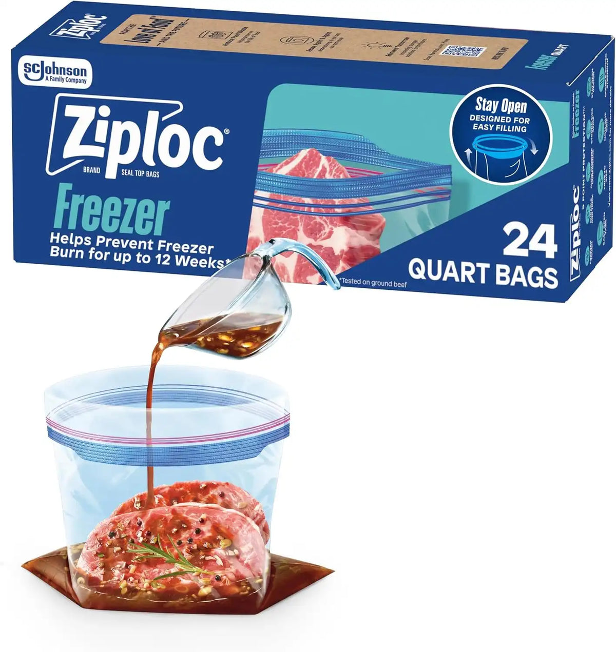 Ziploc Quart Food Storage Freezer Bags, Stand-Up Bottom, Easy to Fill, 24 Count (Pack of 12)