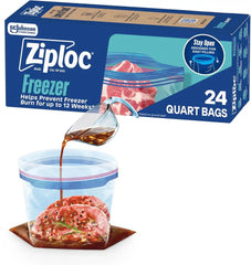 Ziploc Quart Food Storage Freezer Bags, Stand-Up Bottom, Easy to Fill, 24 Count (Pack of 12)