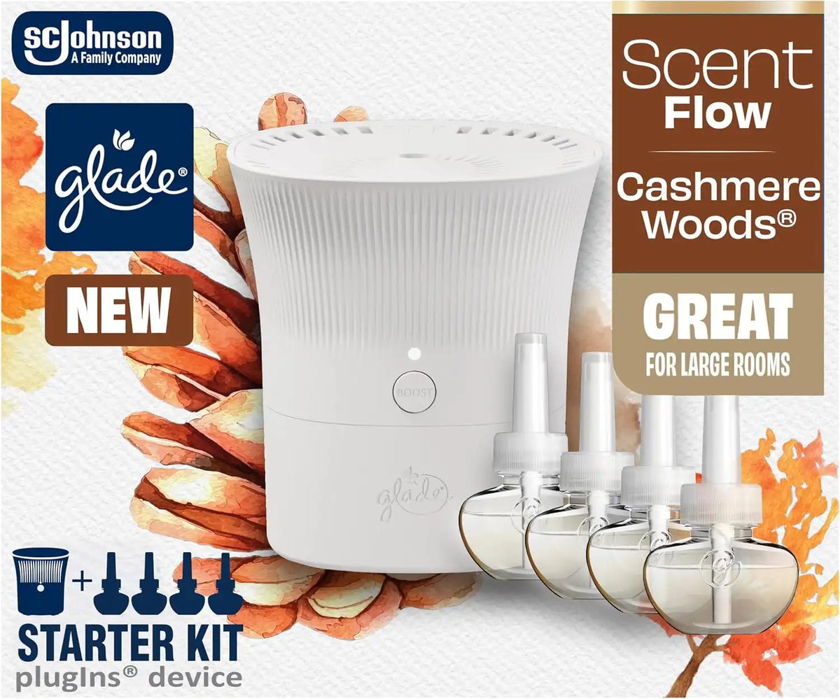 Glade Scent Flow PlugIns Air Freshener, Cashmere Woods, 1 Device + 4 Refills, 2.61 fl oz