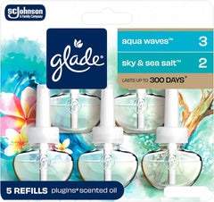 Glade PlugIns Refills Air Freshener, Aqua Waves and Sky & Sea Salt, Scented and Essential Oils for Home and Bathroom, 0.67 Fl Oz, 5 Count