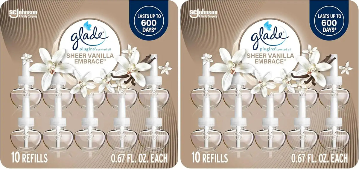 Glade PlugIns Refills Air Freshener, Sheer Vanilla Embrace, Scented and Essential Oils for Home and Bathroom, 0.67 Fl Oz,10 Count (Pack of 2)