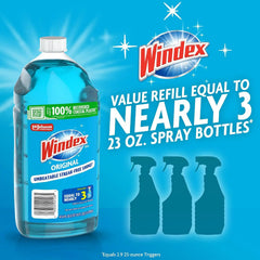 Windex Refill Glass and Window Cleaner Bottle, Bottle Made from 100% Recycled Plastic, Surface Cleaning Spray, Original Blue Scent, 2L (67.6 Fl Oz) (Pack of 2)