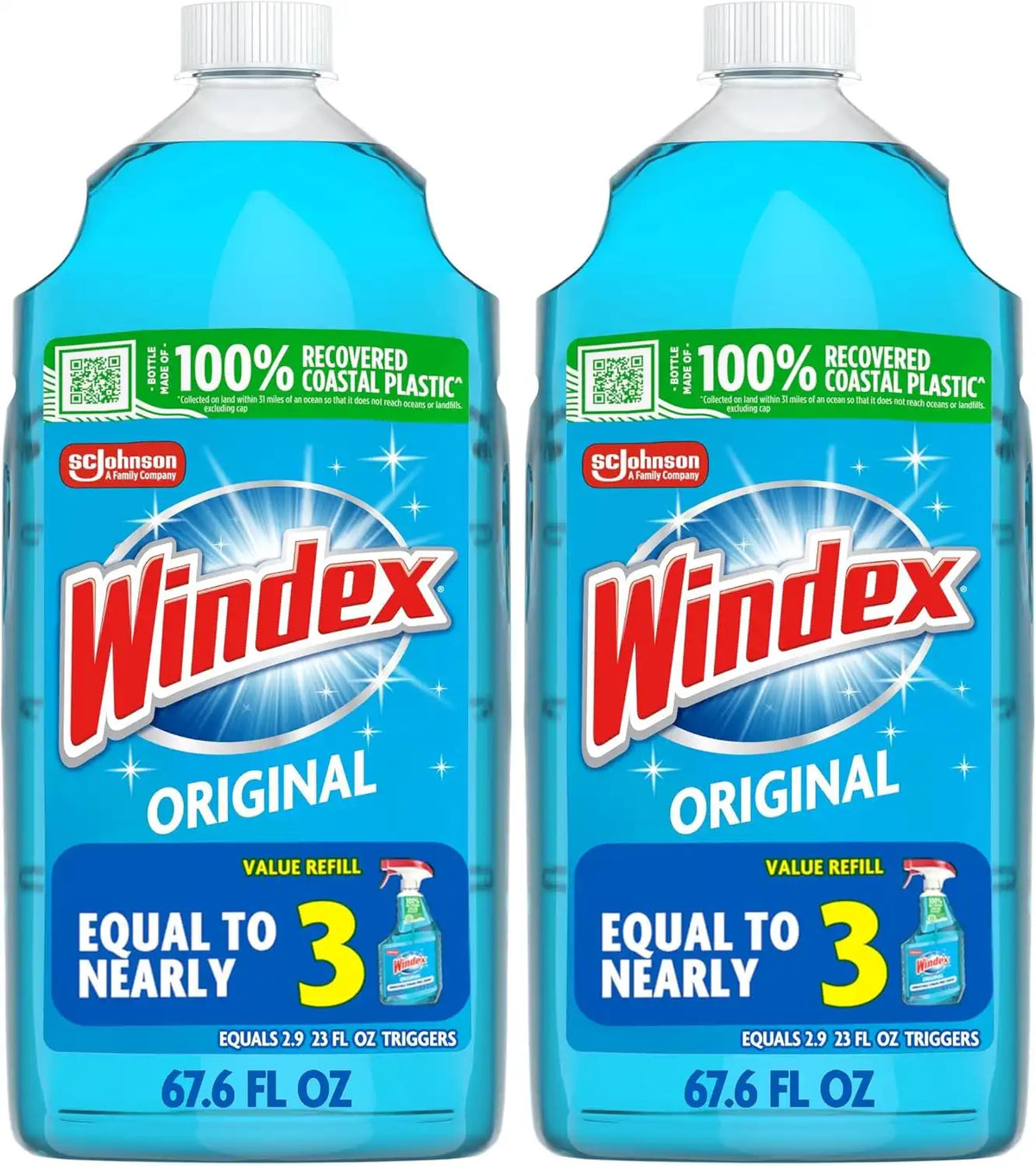 Windex Refill Glass and Window Cleaner Bottle, Bottle Made from 100% Recycled Plastic, Surface Cleaning Spray, Original Blue Scent, 2L (67.6 Fl Oz) (Pack of 2)
