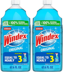 Windex Refill Glass and Window Cleaner Bottle, Bottle Made from 100% Recycled Plastic, Surface Cleaning Spray, Original Blue Scent, 2L (67.6 Fl Oz) (Pack of 2)