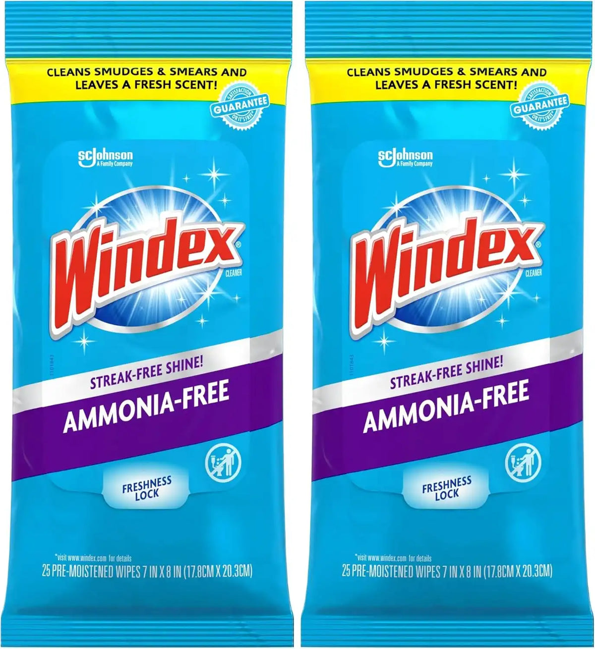 Windex Wipes Glass Cleaning Ammonia Free, Pre-Moistened Wipes for Cleaning All Glass Surfaces, Crystal Rain Fresh Scent, 25 Count (Pack of 2)